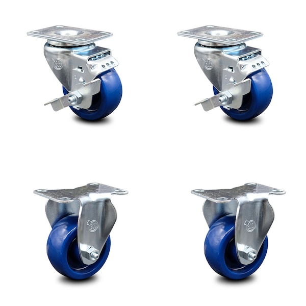 3 Inch Solid Polyurethane Swivel Top Plate Caster Set with 2 Brake 2 Rigid SCC